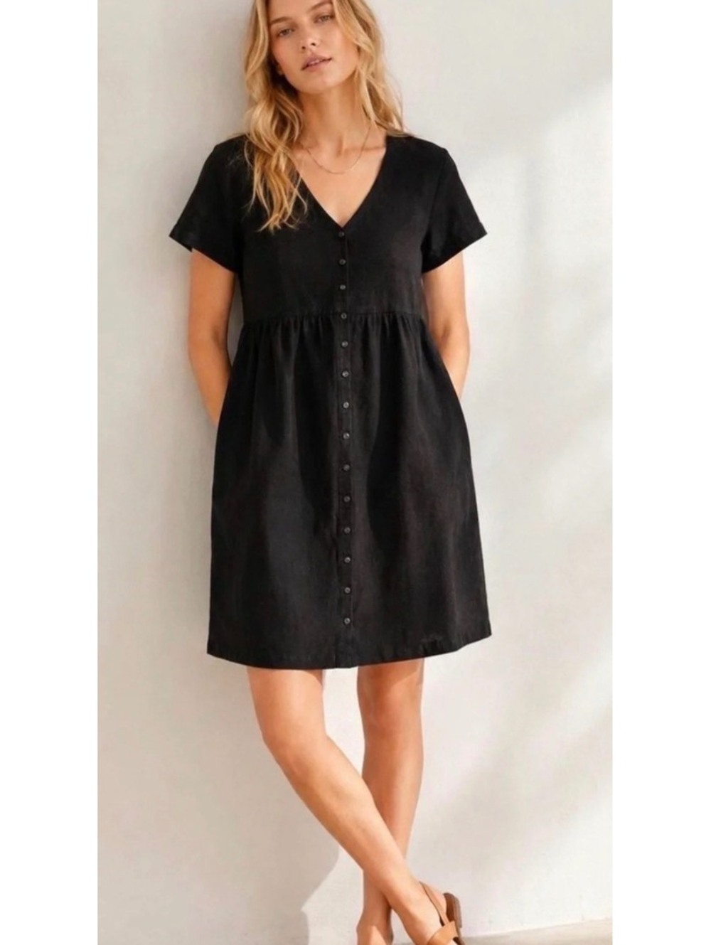 Madewell Black Button-Front V-Neck Short Sleeve Dress XS